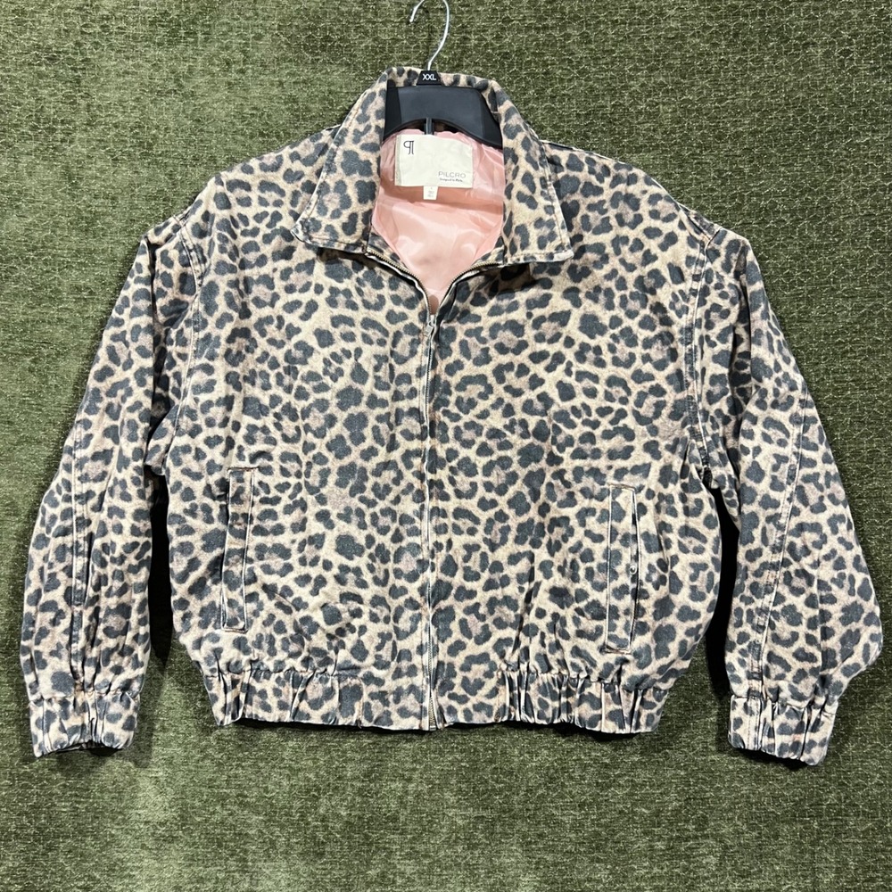 Anthropologie Pilcro Jacket Womens Large Leopard Print Denim Bomber Zip Up Coat